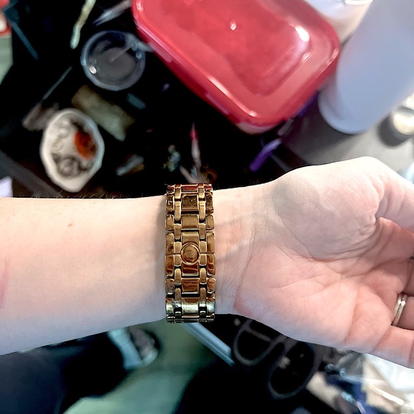 JC large round watch w/ Swarovski crystals, rose gold. Is a folding clasp band. - Picture 7 of 9